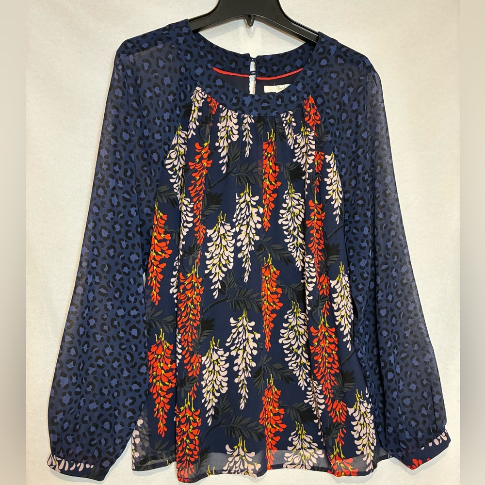 Boden Semi-sheer Floral Animal Print Long-sleeve Blouse Women’s  Size 16 Boho *